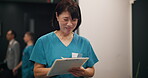 Walking, woman and nurse with clipboard for healthcare, checklist and medical information with smile. Japanese, female person and surgeon with document for notes, review or filling forms in hospital