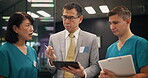 Hospital, nurses and health manager with tablet in meeting for staff management and healthcare service delivery. Medical admin, mature person or team with policy for quality assurance review in Japan