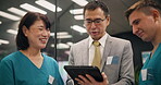 Doctor, nurses and meeting with tablet in clinic for staff management and healthcare service delivery. Medical admin, mature health manager and team with mentor support and hospital schedule in Japan