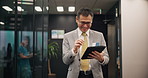 Tablet, man and hospital manager with smile for good news email, review or feedback report in lobby. Happy, scroll and mature Japanese businessman walking in clinic on digital app for schedule plan