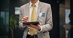 Hands, man and hospital manager with tablet for email, review or feedback report in lobby in Japan. Search, scroll and businessman walking in clinic on digital app for schedule planning in office