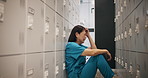 Crying, sad and doctor with Japanese woman in locker room for depression, mental health and frustrated. Burnout, fatigue and bad news with profile of person in hospital for medical emergency and fear