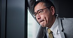 Mature, businessman and thinking with stress in office, depressed and emotion expression by window. Japanese, male person or frustrated lawyer with thoughts after court case, lost or fail for justice