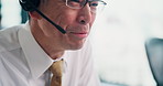 Call center, mouth and businessman in office for consultation online with feedback on query. Headset, customer service and closeup of technical support agent with advice for client at agency in Japan