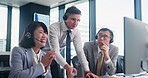 Call center, learning or leader with happy people on computer for support, coaching or online advice. Training, consultant talking or team manager teaching agents telemarketing sales goal in Japan