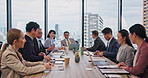 Corporate, meeting and business people in Japan office for acquisition, company merger and client investor. Planning, teamwork and workshop with ceo in finance firm for review and project management