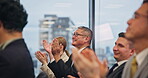 Applause, presentation and Japanese business people in office for seminar for achievement or victory. Clapping hands, celebration and audience of corporate workers at conference meeting in workplace
