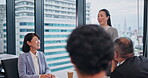 Business people, meeting and discussion in office for collaboration, planning or development in Japan. Team, manager and communication in workplace for greeting, presentation or project brainstorming