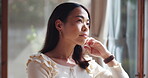 Asian woman, thinking and home window for peace, contemplating future and ideas on morning. Female person, remember memory and reflection on perspective, inspiration and weekend nostalgia in Japan