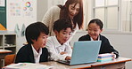 Teacher, children and laptop project in classroom together for language development, group elearning and growth. Japanese students, reading or studying with internet for support, knowledge or bonding