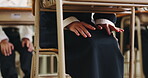 Student, hands and nervous for exam at school with finger playing, anxiety or pressure in classroom. Adhd, person or stress with assessment uncertainty or overwhelmed with waiting at Japanese academy