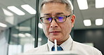 Business, idea and tablet with mature man in office for corporate planning or problem solving. Glasses, technology and thinking with corporate Japanese employee in workplace for online research