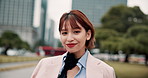 Face, smile and woman in city, outdoor and commuting to work, fashion designer and trendy in Tokyo. Travel, stylist and Asian person on road, trendsetter and stylish with clothes, creative and Japan