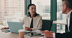 Laptop, meeting and business people in office with collaboration for feedback on company finance planning. Discussion, computer and financial executives with investment profit growth report in Japan.