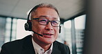 Call center, talking and Japanese mature man for customer service, technical support and consulting. Male person, headset and telemarketing for advice, conversation and feedback as help desk operator