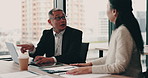 Laptop, meeting and business people in office with teamwork for feedback on company finance planning. Discussion, computer and financial executives with investment profit growth report in Japan.