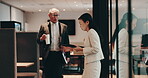 Business people, tablet and collaboration in office for feedback, planning or support with question. Meeting, Japan or discussion in workplace for teamwork, project management or development proposal