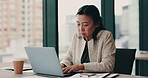 Businesswoman, laptop and documents in office for thinking, financial report and decision with typing. Mature person, tech and idea for performance review, research or project administration in Japan