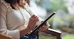 Woman, tablet and home with digital pen, hands and education with studying and Japanese design student. Website, research and university learning with tech and online work for web designer project