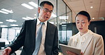 Man, woman and tablet with discussion in office, reading and review for project at insurance agency. Japanese business people, secretary and boss with touchscreen, application and schedule at company