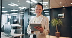 Relax, office and business woman with tablet, typing and online schedule planning in lobby. Search, scroll and Japanese businesswoman at corporate agency with digital app, agenda or website report