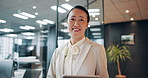 Tablet, happy and face of business Asian woman in office with company pride, confidence and career. Corporate manager, professional worker and portrait of Japanese person on digital tech for website