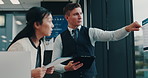 Meeting, documents and business people in office on tablet for research, discussion and planning. Corporate, company and Japanese woman and man on digital tech for teamwork, website and project