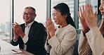 Applause, planning and teamwork with business people in Japan office for computer, winner and support. Profit, achievement and meeting with employees for project, proposal success and bonus.
