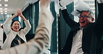 Business people, celebration and throw paper in office with applause, happiness and successful campaign. Japanese team, excited and documents in air for achievement, financial win or promotion bonus