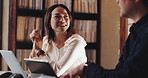 House, technology and couple with conversation, planning and internet with network. Apartment, man and Japanese woman with laptop, connection and communication for mortgage, taxes and discussion