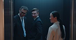 Door, elevator and group of business people at office in Japan together for start of job or work. Arrival, diversity or friendly with team of corporate men and woman in professional workplace