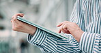 Hands, typing and businessman with tablet in office for networking, check email and research in Japan. Technology, closeup and worker on internet for chat app, forum or salesman review budget online