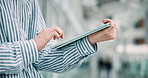 Hands, typing and businessman with tablet in company lobby for info, check email and research in Japan. Technology, closeup and worker on internet for chat app, forum or salesman review budget online