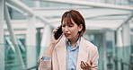 Business, phone call and woman with stress, walking and connection with network, conversation and app. Japanese person, journalist and employee with smartphone, late and upset with discussion