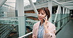 Business, phone call and funny with woman, walking and connection with smile, conversation and app. Japanese person, journalist and employee with smartphone, laughing and discussion with happiness