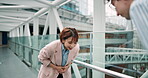 Business, people or bow for greeting in building with respect, partnership deal or contract negotiation success. Culture, employees or thank you for b2b collaboration or onboarding on bridge in Japan