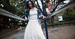 Woman, balance or dancing in park for culture, rhythm or traditional performance for elegance. Asian girl, jungle gym or spiritual dancer moving in nature for heritage, kimono art or motion in Japan