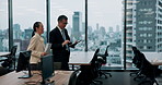 Man, woman and tablet with documents in office, talking and review for project at insurance agency. Japanese business people, secretary and boss with touchscreen, paperwork and feedback at company