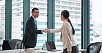 Handshake, Japanese people and client in office, deal and thank you for meeting, respect and bow. Happy, professional and partnership with mature man, welcome and funding for business and Japan