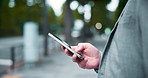City, phone and hands of businessman typing for travel, morning commute and location in Japan. Professional, corporate and worker on smartphone on social media for communication, email and contact