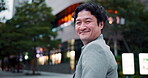 Pride, Japanese and businessman with walking, city and road for morning commute, travel and crosswalk. Male person, outdoor and adventure as entrepreneur in town as professional in financial agency 