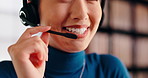 Hand, microphone and consulting with smile for remote work from home office, typing and voip for tech support. Person, agent and crm with contact, happy and headset for customer service job in Japan