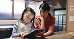 Mother, child and tablet in home for learning, educational media and memory game app. Woman, girl or tech in kitchen for homeschooling, growth or innovative software for Japanese language development