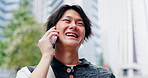 Asian man laughing, phone call and talking in city, comedy or listen to contact for joke. Japanese person, outdoor and mobile conversation for communication, news update or connection for funny story