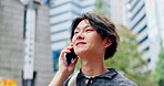 Asian man, phone call and talking in city, chat and listening to contact for information. Japanese person, outdoor and mobile conversation for communication, news update and connection for story