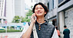 Asian man, phone call and talking in city, travel or listen to contact for information or smile. Japanese person, outdoor and mobile conversation for communication, news update and walking to commute