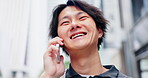 Happy Japanese man, phone call and talking outdoor, travel and listening to contact for information. Asian person, city and mobile conversation for communication, news update and connection for story