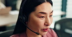 Woman, call centre and talking in Japan office, representative and mic for customer service. Female person, telemarketing and online for global guide in workplace, networking and website for faq