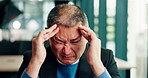 Stress, headache and Asian businessman with pain, sick and fatigue in office in Japan. Migraine, tired and overworked mature manager massage temples for burnout, financial crisis and mental health