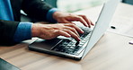 Report, businessman and hands typing on laptop in corporate office for online schedule or email. Accounting, banker and technology in financial agency for equity, stock or investment growth research